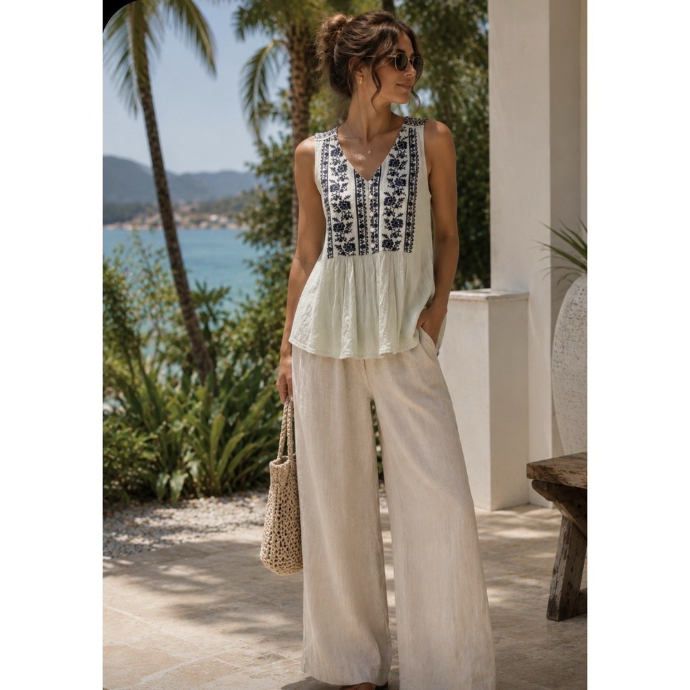 J.Jill Women's PM Embroidered Mixed-Media Sleeveless Tunic Boho Flowy Beautiful